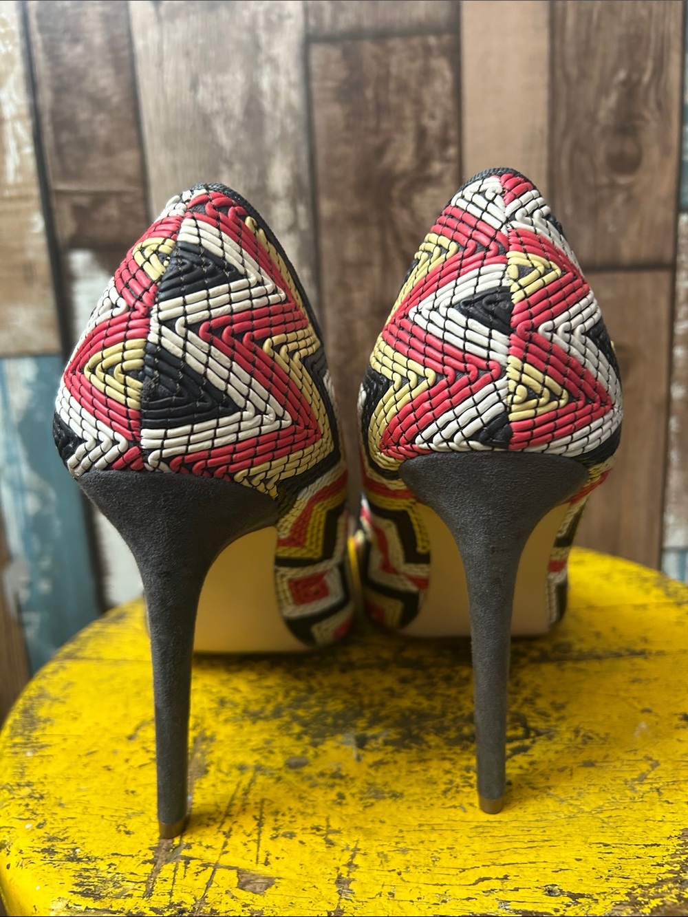 Madison Chevron Woven Pointed-Toe Stilettos in Red, Yellow, Black & White - Picture 10 of 15